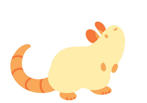 Cartoonish rodent character with orange tail and ears